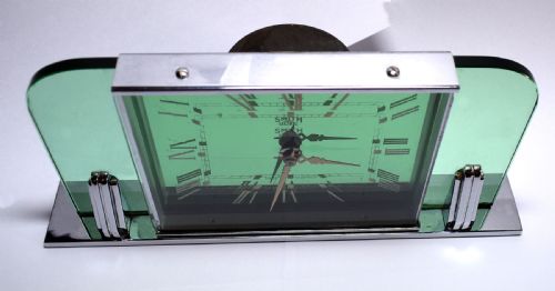 fig 1. Art Deco Smiths Green Glass And Chrome Clock