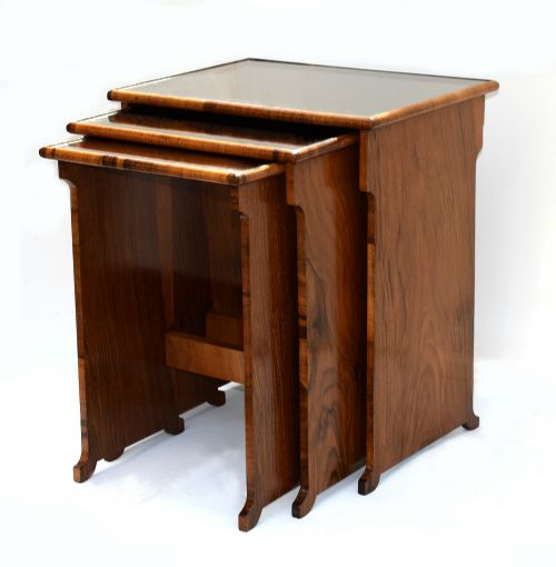 Art Deco Figured Walnut and Mirrored Nest of Three Tables