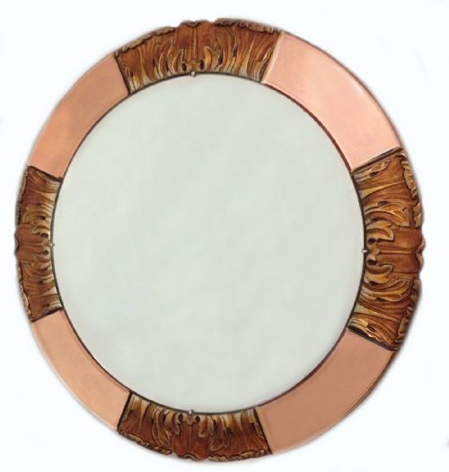 1930'S Art Deco Round Rose Tinted Bevelled Edge Mirror