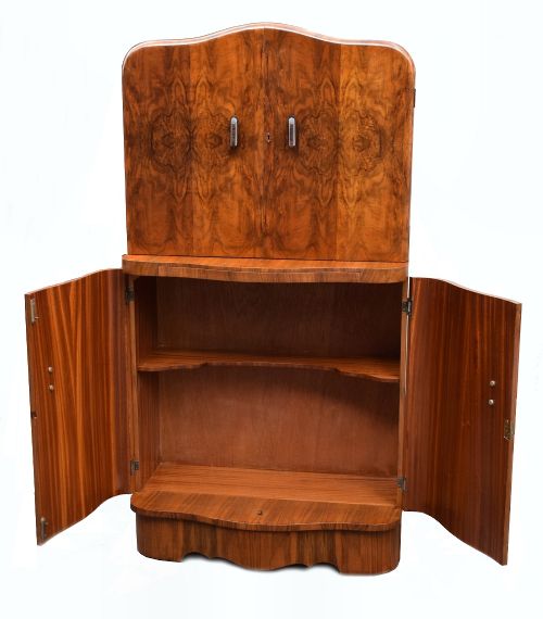 fig 1. Art Deco 1930's Walnut Serpentine Fronted Cocktail Drinks Cabinet