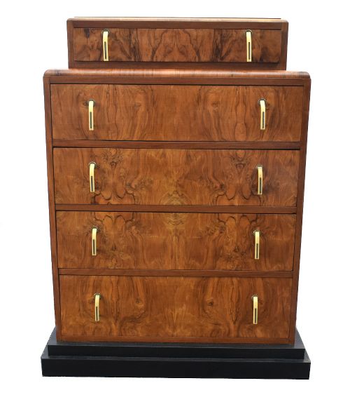 Art Deco 1930'S Figured Walnut Chest of Five Drawers