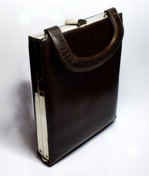 1930'S Art Deco Ladies Brown Leather and Chrome Handbag
