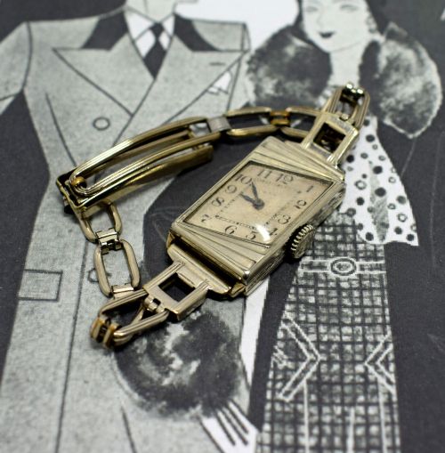 fig 1. 1930's Ladies Art Deco 14k Gold Filled Wrist Watch By Elgin
