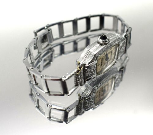 fig 1. 1930's Ladies Art Deco White Gold Filled Wrist Watch