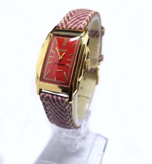 Art Deco 14k Gold Cherry Red Gents Wristwatch by Elgin, Newly Serviced.