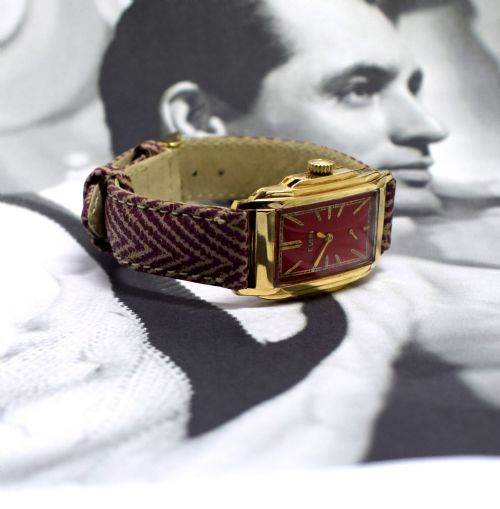 fig 1. Art Deco 14K Gold Cherry Red Gents Wristwatch By Elgin, Newly Serviced.