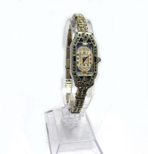 1930'S Art Deco Ladies Sapphire Marcasite Enamel Watch with a Filigree Band