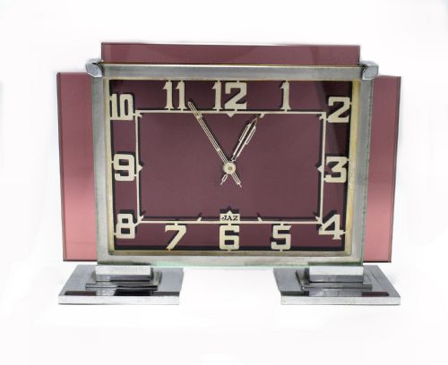 Large and Rare 1930s Art Deco French Pink Glass and Chrome Clock by Jaz