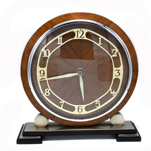 1930'S Art Deco English Eight Day Wood, Chrome & Bakelite Clock