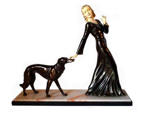 Huge Art Deco Figural Group by M. Secondo 'Lady and Her Dog'