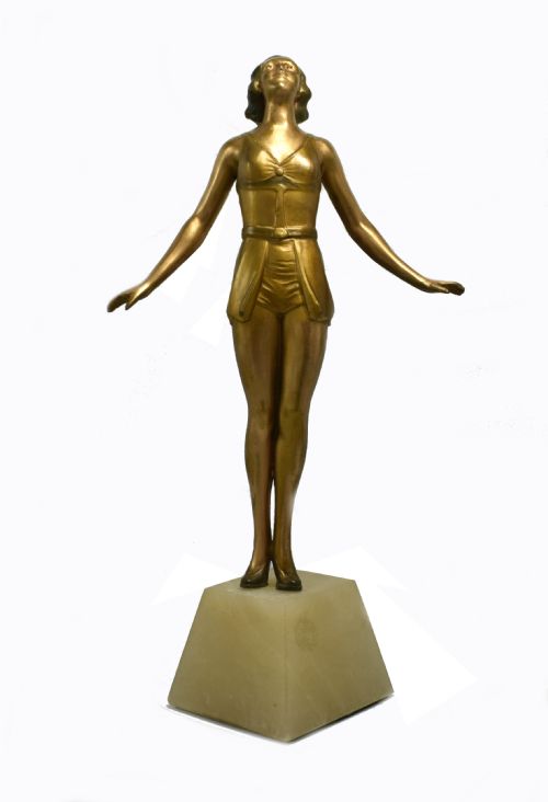 1930'S Art Deco Spelter Figural Lady on Alabaster Base