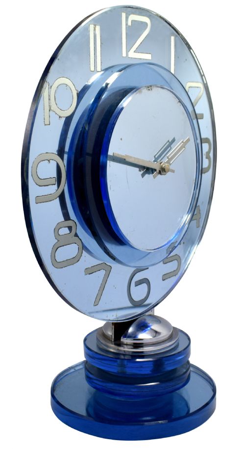 LARGE AND RARE MODEL MODERNIST ART DECO BLUE MIRROR CLOCK CIRCA 1935 - ADDITIONAL PHOTO 3