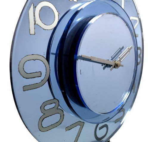 LARGE AND RARE MODEL MODERNIST ART DECO BLUE MIRROR CLOCK CIRCA 1935 - ADDITIONAL PHOTO 5