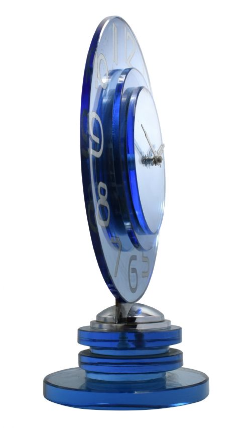 LARGE AND RARE MODEL MODERNIST ART DECO BLUE MIRROR CLOCK CIRCA 1935 - ADDITIONAL PHOTO 6