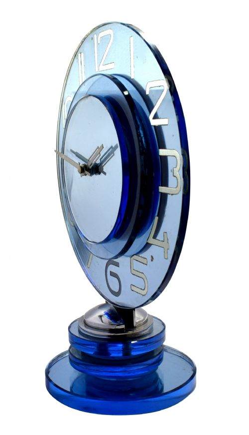 LARGE AND RARE MODEL MODERNIST ART DECO BLUE MIRROR CLOCK CIRCA 1935 - ADDITIONAL PHOTO 11