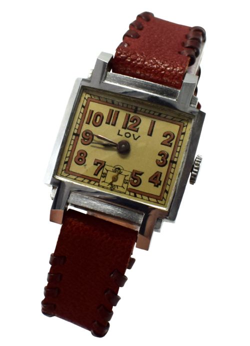 Art Deco Gents Wrist Watch by Lov/ Never Worn, Circa 1930