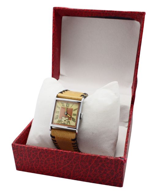 fig 1. Stylish Art Deco Gents Wrist Watch Old Stock Never Worn, Circa 1930