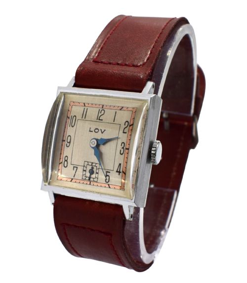 Stylish Art Deco Gents Wrist Watch by Lov or Never Worn, Circa 1930