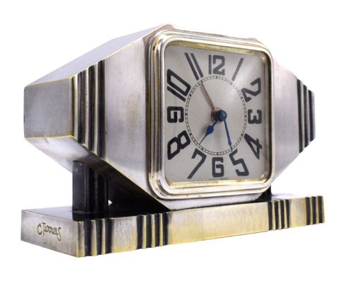 Art Deco Silvered Bronze Machine Age Alarm Clock