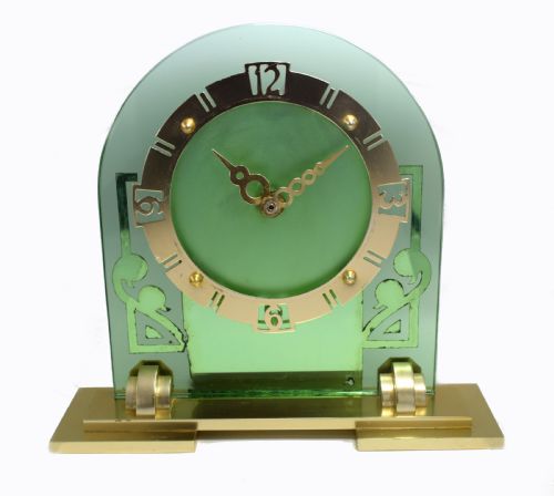 Large Art Deco Green Mirror Mantle Clock