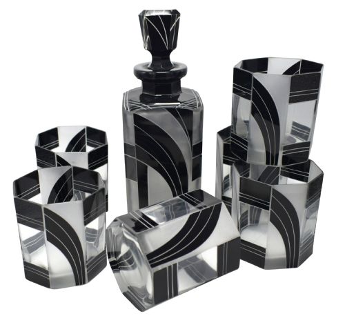 Art Deco Czech Black and Clear Glass Whisky Decanter Set