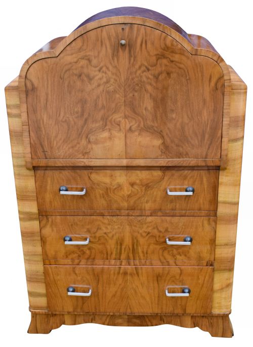 English Art Deco Burl Walnut Cloud Bureau