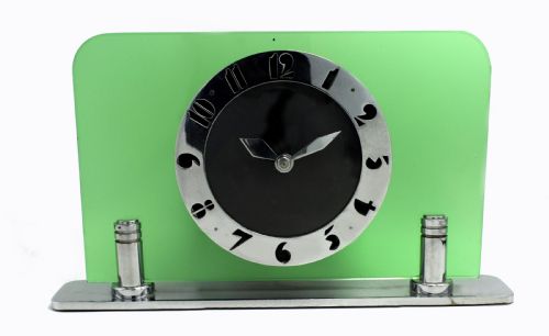 Art Deco Green Glass & Chrome Electric Mantle Clock by Smiths, Circa 1930