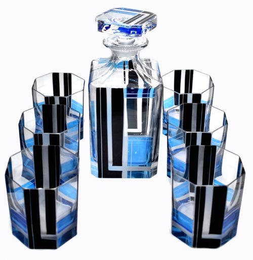 Art Deco Blue & Black Enamel Glass Decanter Set