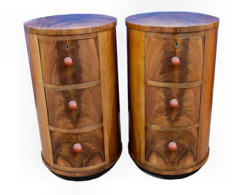 Matching Pair of Art Deco Oval Shaped Bedside Cabinet Tables, Circa 1930