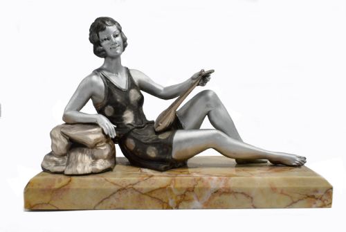 1930'S Art Deco Spelter Figure 'Girl with Lute' by Balleste