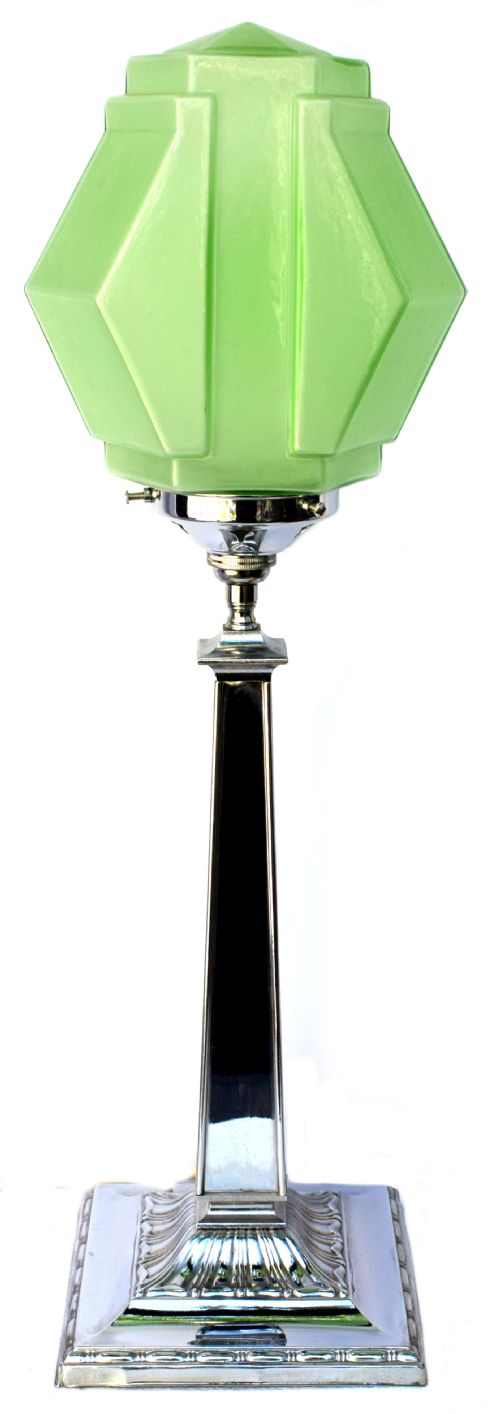 Art Deco Chrome Lamp with Stylish Green Shade, Circa 1930'S