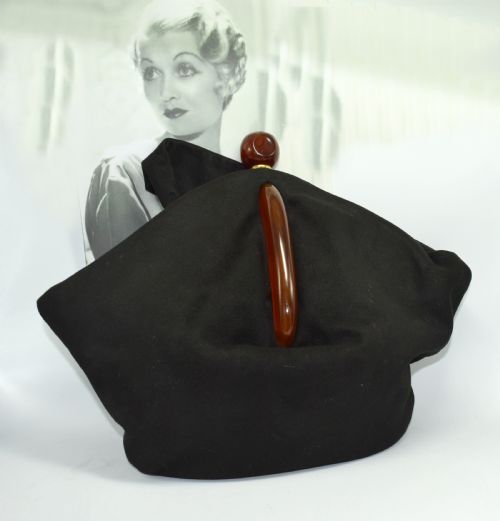 Art Deco Black Suede Phenolic Bakelite Ladies Bag, Circa 1930'S