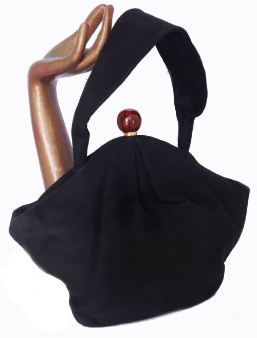 fig 1. Art Deco Black Suede Phenolic Bakelite Ladies Bag, Circa 1930's