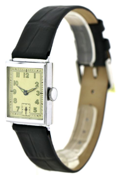 fig 1. Art Deco Chrome Gents Wristwatch Old Stock, Never Worn, Newly Serviced, 1930