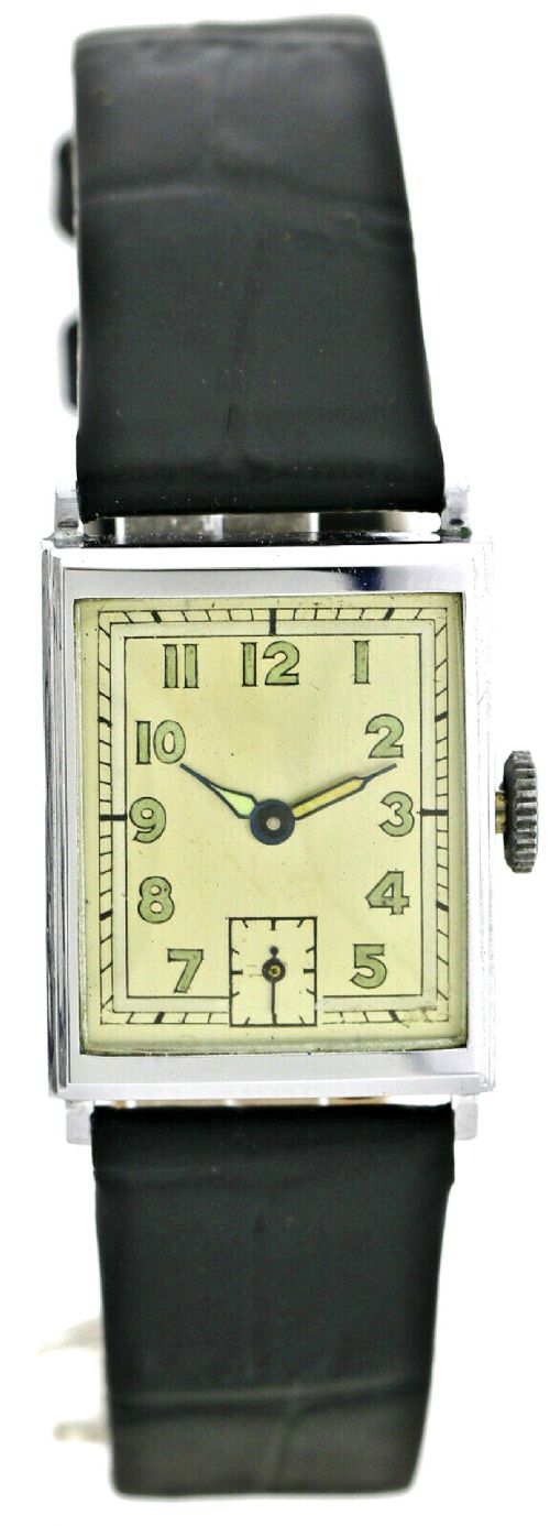 fig 2. Art Deco Chrome Gents Wristwatch Old Stock, Never Worn, Newly Serviced, 1930