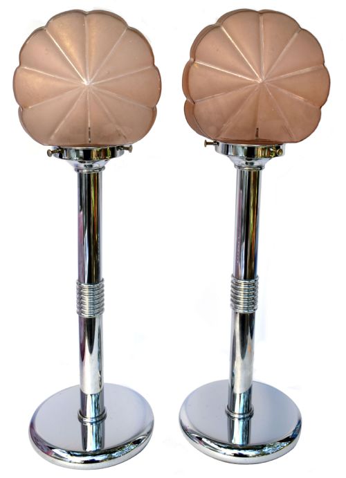 Art Deco Matching Pair of Chrome and Glass Table Lamps, Circa 1930