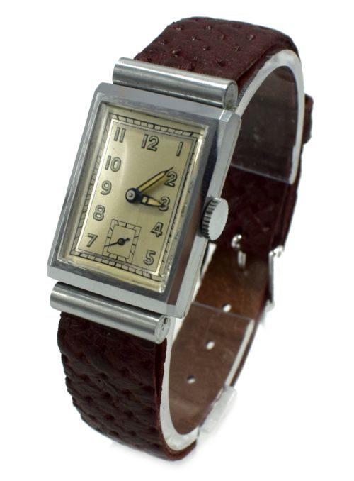 fig 2. Art Deco Men’s Chrome Tank Manual Wristwatch, Never Used, Newly Serviced, 1930