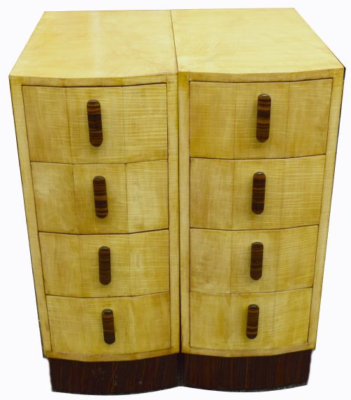 Matching Pair of Bleached Blonde Walnut Art Deco Bedside Cabinets