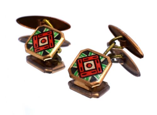 Art Deco Modernist Matching Pair of Enamel Gents Cufflinks, Circa 1930