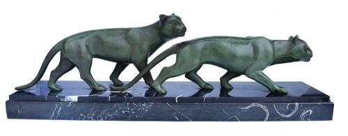 Art Deco Panther Figures on a Solid Marble Base, 1930'S