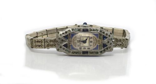 1930'S Art Deco Ladies Sapphire Marcasite Enamel Watch with a Filigree Band