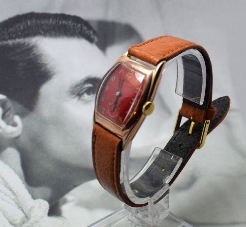Art Deco 14k Gold Filled Cherry Red Gents Wristwatch by Bolova.
