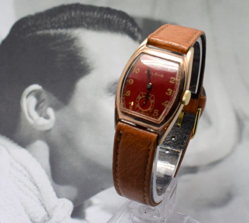 fig 1. Art Deco 14K Gold Filled Cherry Red Gents Wristwatch By Bolova.