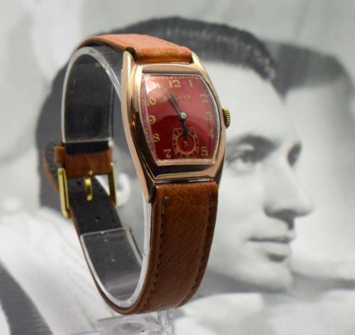 fig 2. Art Deco 14K Gold Filled Cherry Red Gents Wristwatch By Bolova.