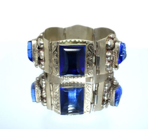 Chunky Sterling Silver & Blue Glass Ladies Bracelet