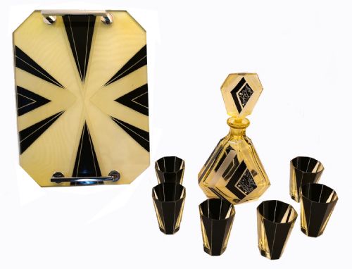 ART DECO CZECH GLASS DECANTER SET ON MATCHING TRAY - ADDITIONAL PHOTO 1