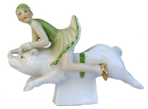 Art Deco Porcelain Trinket Bowl, Half Doll Family, German 1930'S