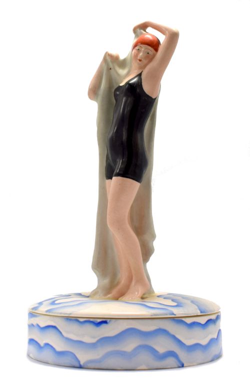 Art Deco Rare Ceramic Bathing Belle Powder/ Trinket Box, C1930