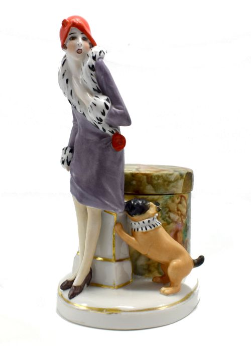 Art Deco Porcelain Flapper Girl , Half Doll, Dresser,  Trinket Box, C1930