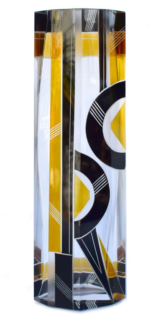 Art Deco Glass & Enamel Etched Vase